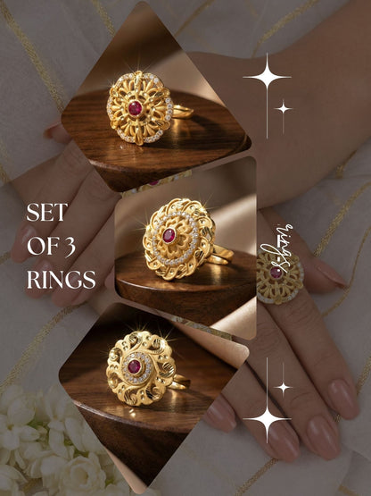 Combo set of 3-Vintage Style Floral Gold Plated Adjustable AD Ring