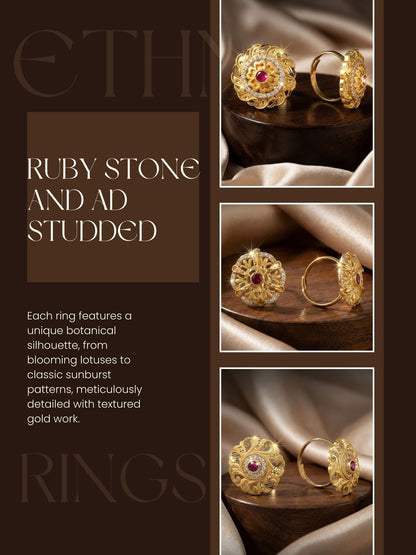 Combo set of 3-Vintage Style Floral Gold Plated Adjustable AD Ring