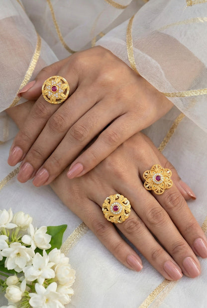 Combo set of 3-Bridal Floral AD Ring with Ruby Center Stone