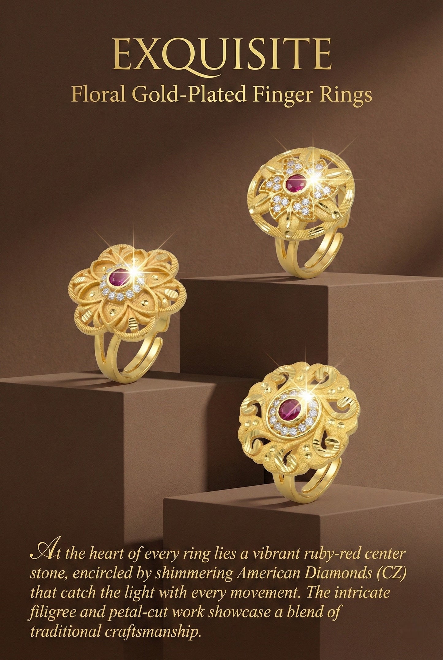 Combo set of 3-Bridal Floral AD Ring with Ruby Center Stone