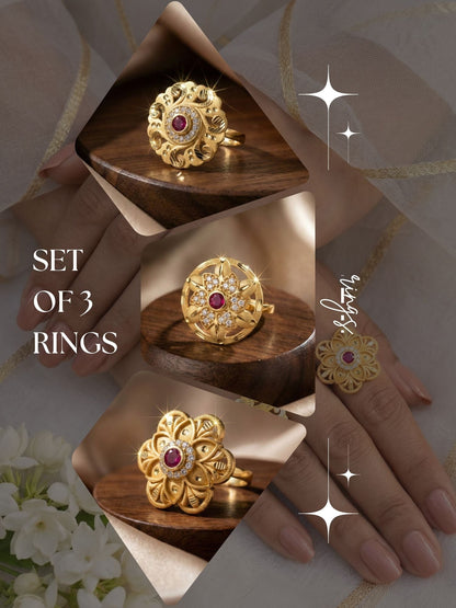 Combo set of 3-Bridal Floral AD Ring with Ruby Center Stone