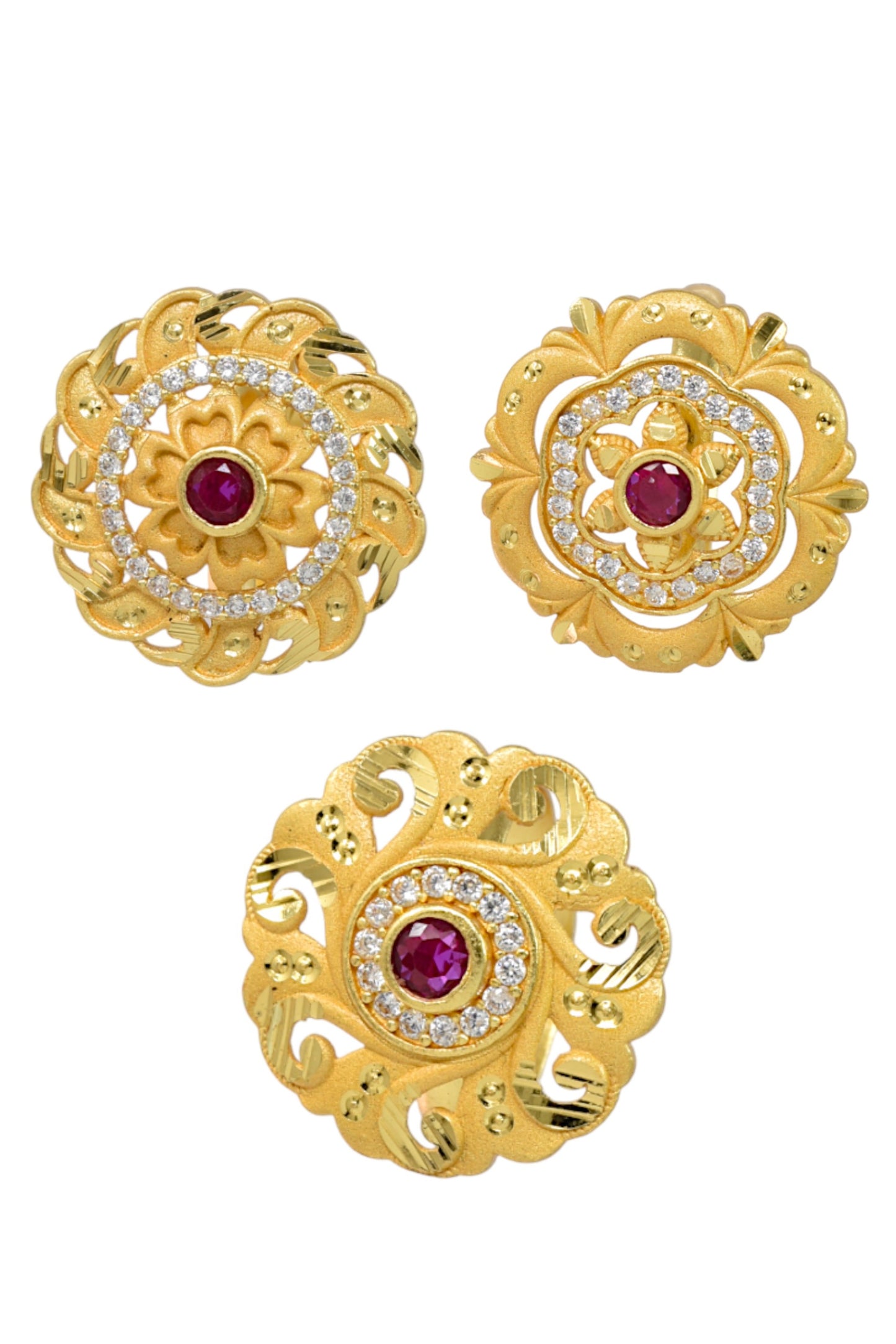 Combo set of 3-Bridal Floral AD Ring with Ruby Center Stone