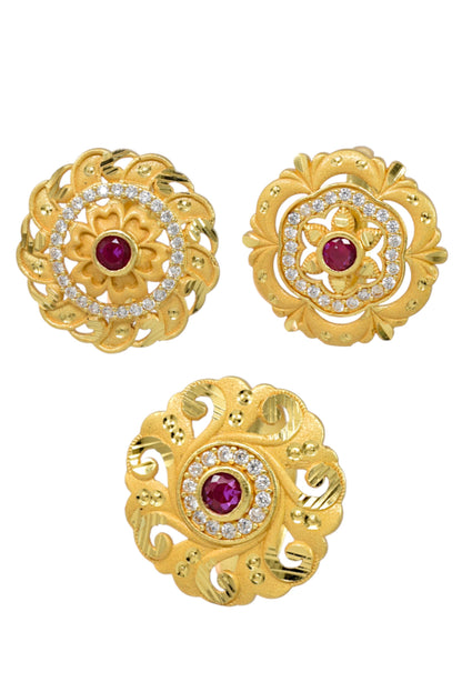 Combo set of 3-Bridal Floral AD Ring with Ruby Center Stone