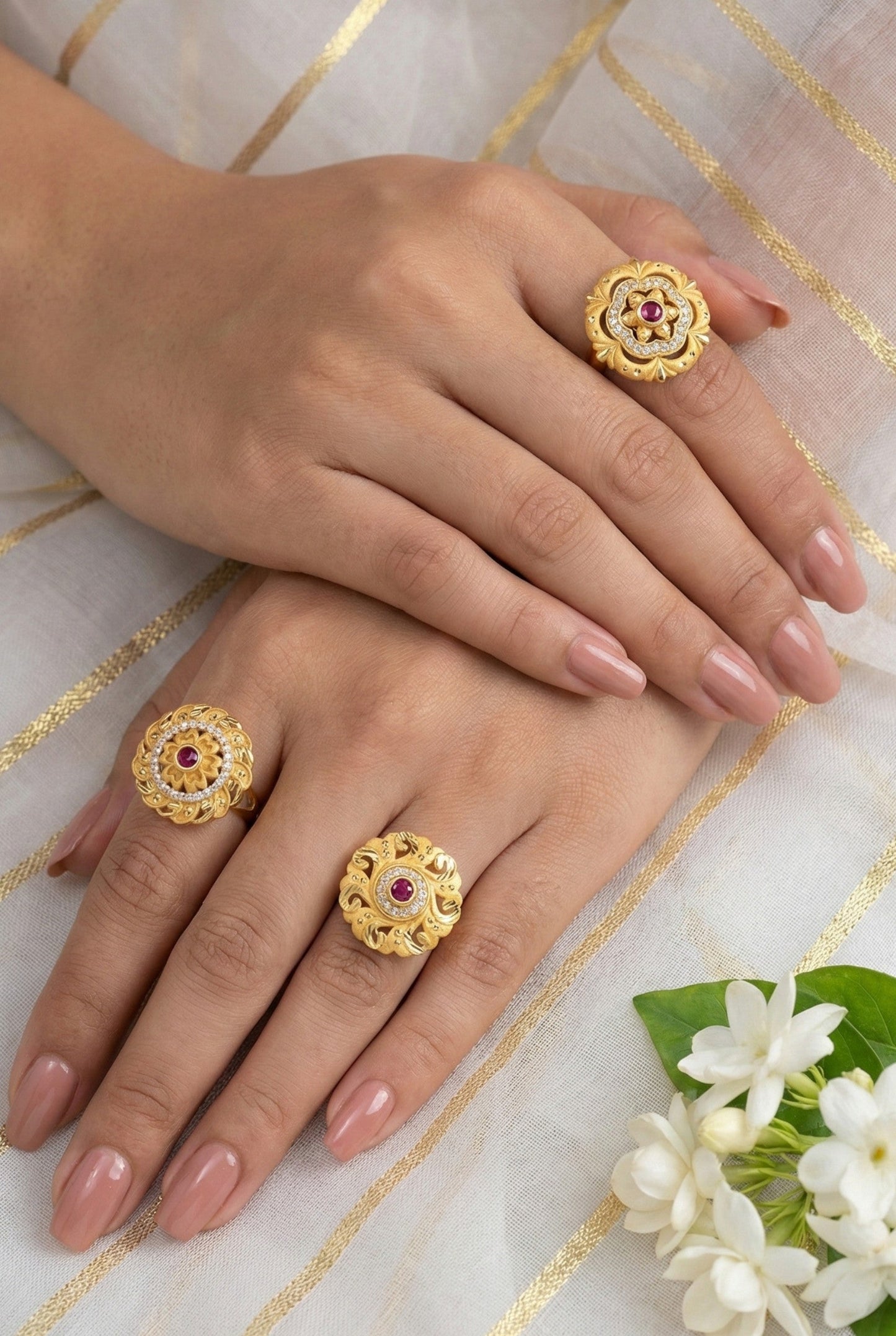 Combo set of 3-Bridal Floral AD Ring with Ruby Center Stone