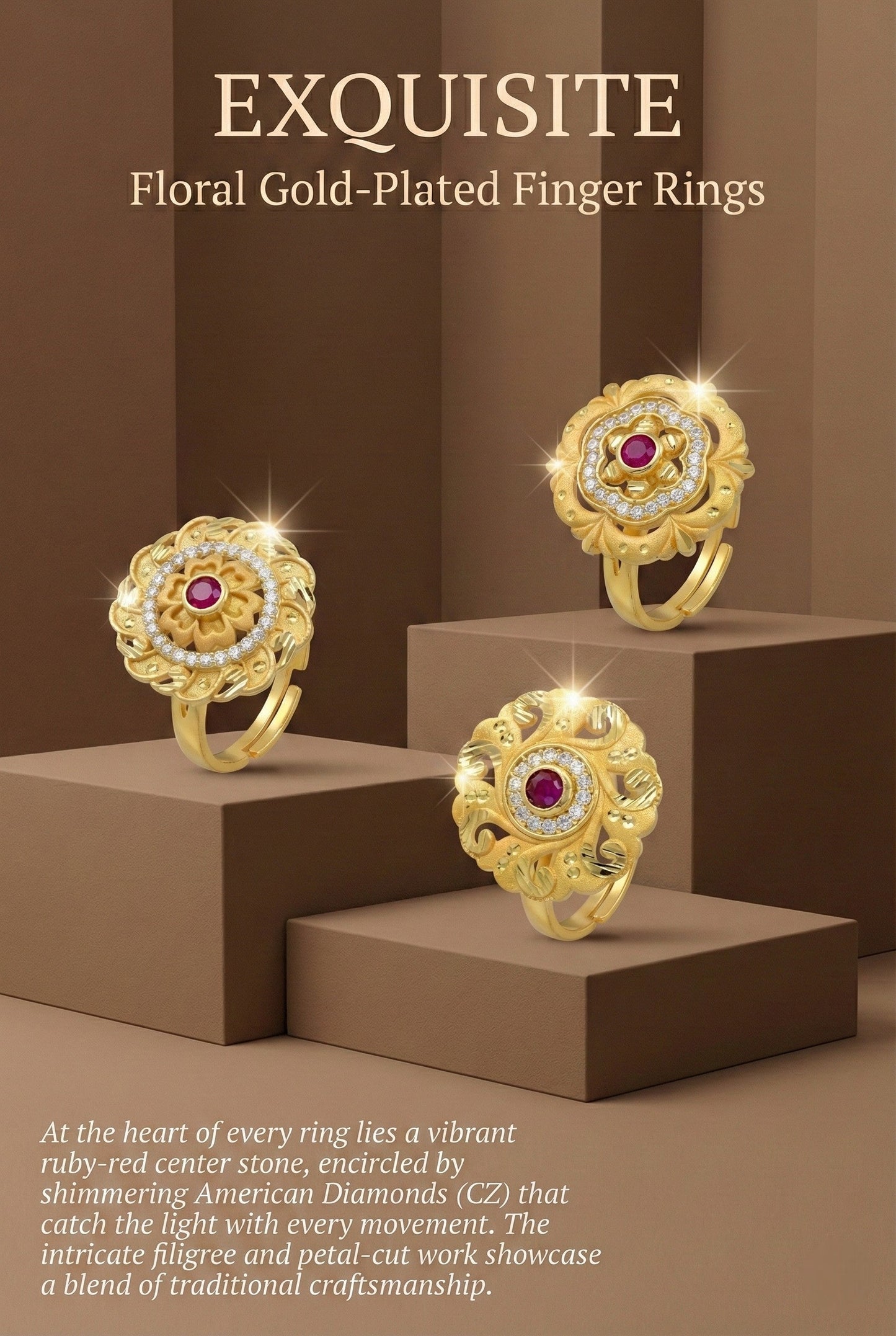 Combo set of 3-Bridal Floral AD Ring with Ruby Center Stone