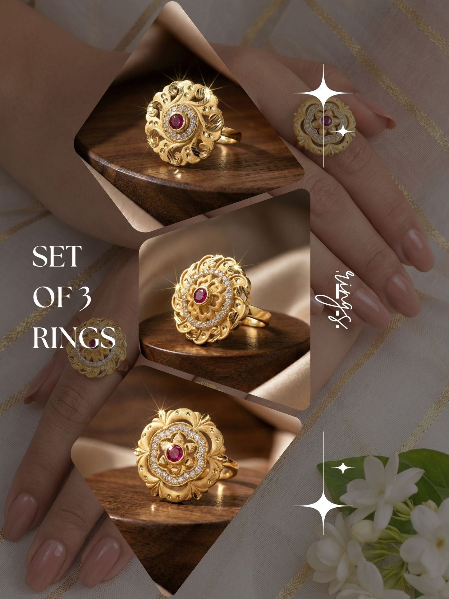 Combo set of 3-Bridal Floral AD Ring with Ruby Center Stone