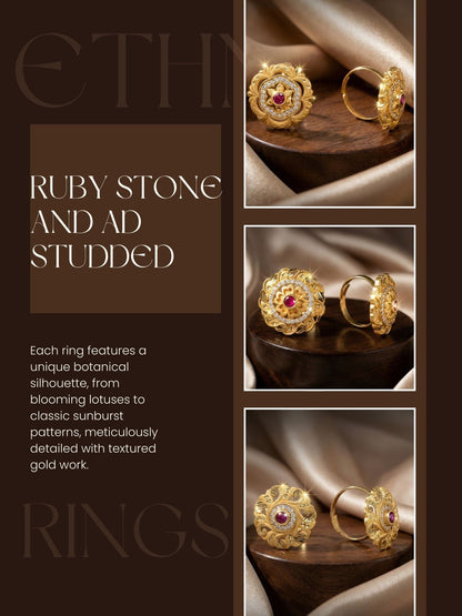 Combo set of 3-Bridal Floral AD Ring with Ruby Center Stone