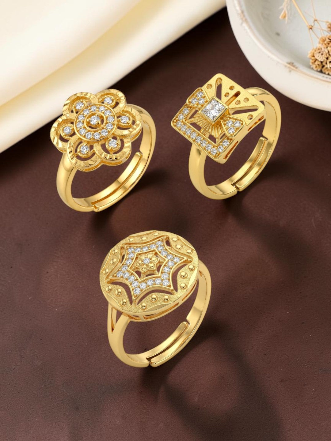 Gold Plated Adjustable Combo of 3 Rings for Women