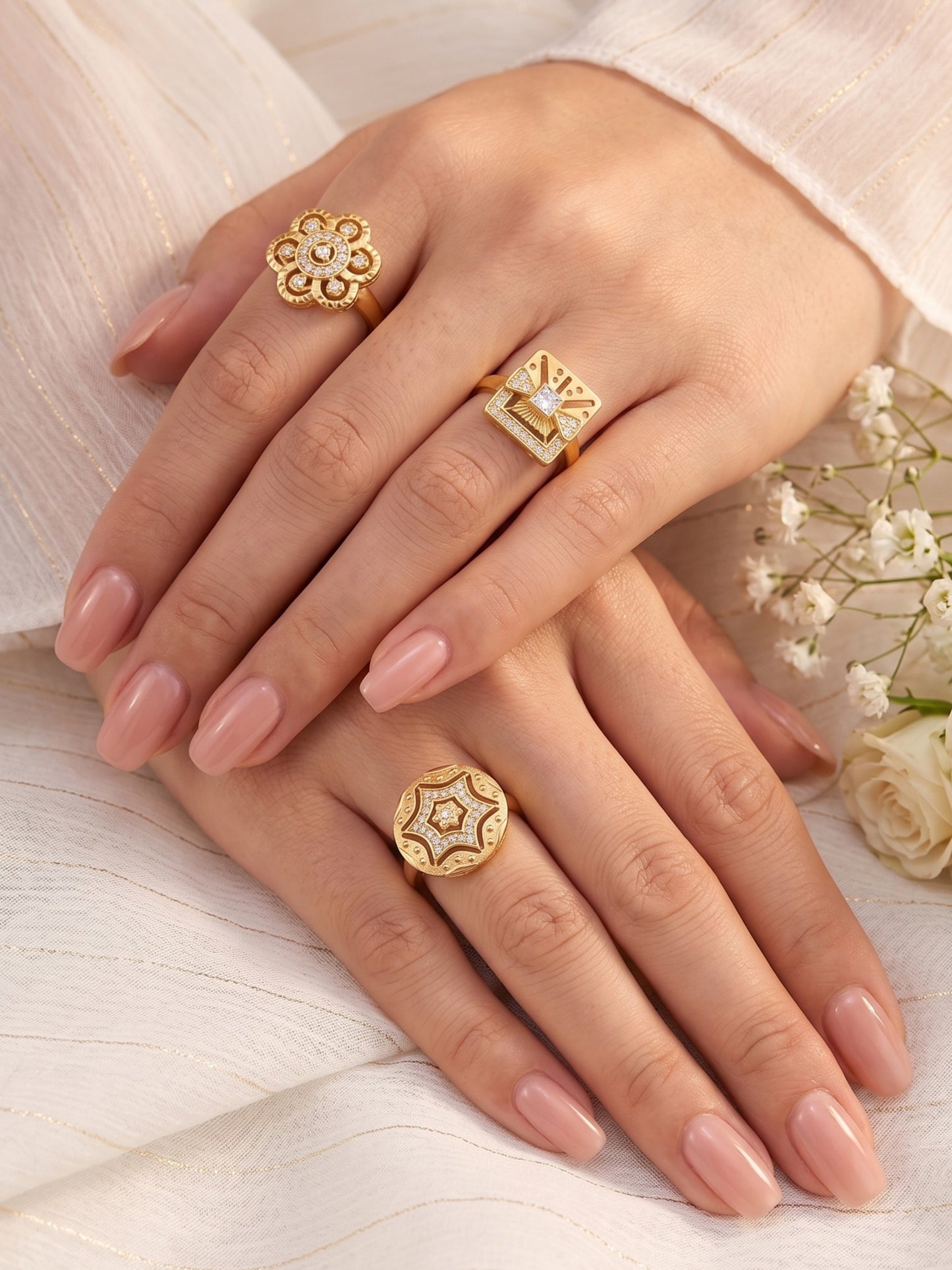 Gold Plated Adjustable Combo of 3 Rings for Women
