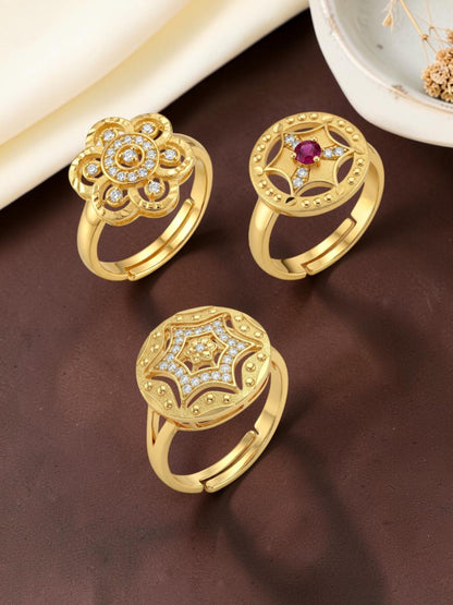 Gold Plated Adjustable Combo of 3 Rings for Women