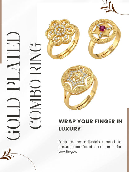 Gold Plated Adjustable Combo of 3 Rings for Women