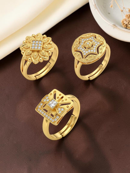 Gold Plated Adjustable Combo of 3 Rings for Women