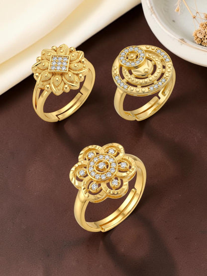 Gold Plated Adjustable Combo of 3 Rings for Women