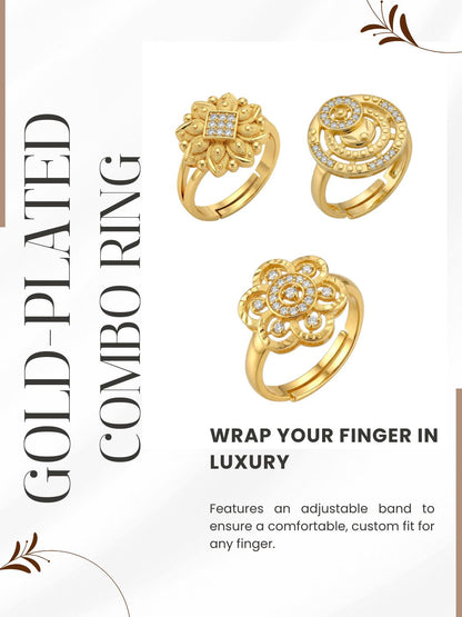Gold Plated Adjustable Combo of 3 Rings for Women