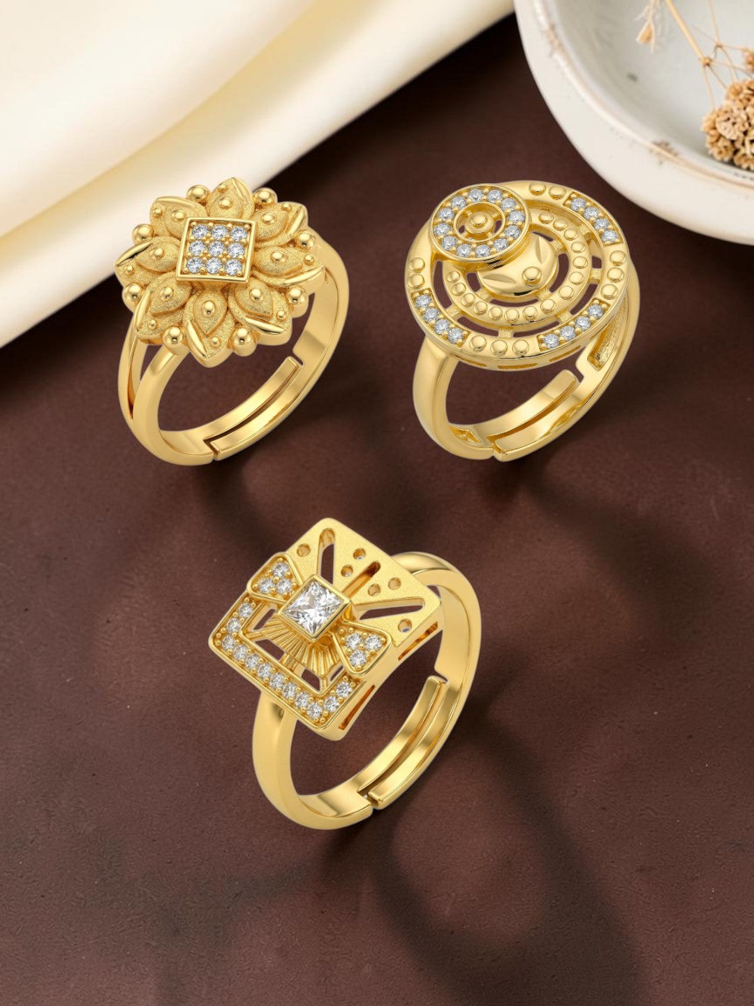 Gold Plated Adjustable Combo of 3 Rings for Women