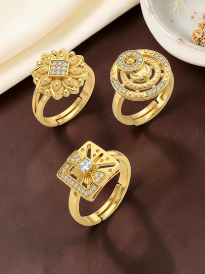 Gold Plated Adjustable Combo of 3 Rings for Women