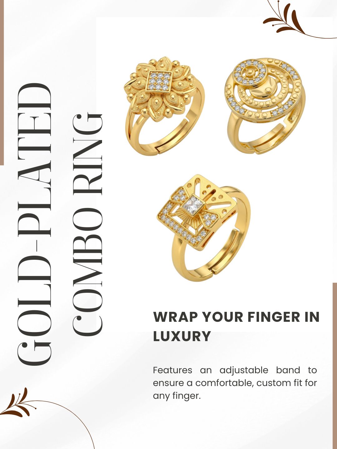 Gold Plated Adjustable Combo of 3 Rings for Women