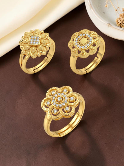 Gold Plated Adjustable Combo of 3 Rings for Women
