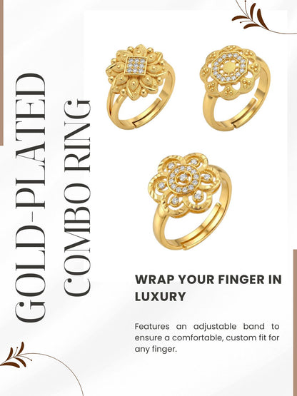 Gold Plated Adjustable Combo of 3 Rings for Women