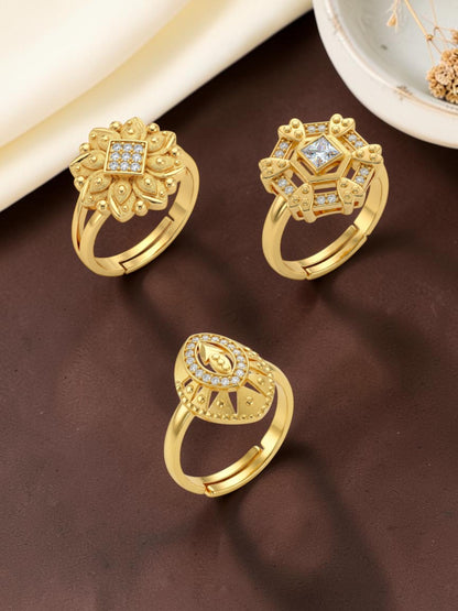 Gold Plated Adjustable Combo of 3 Rings for Women