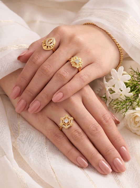 Gold Plated Adjustable Combo of 3 Rings for Women