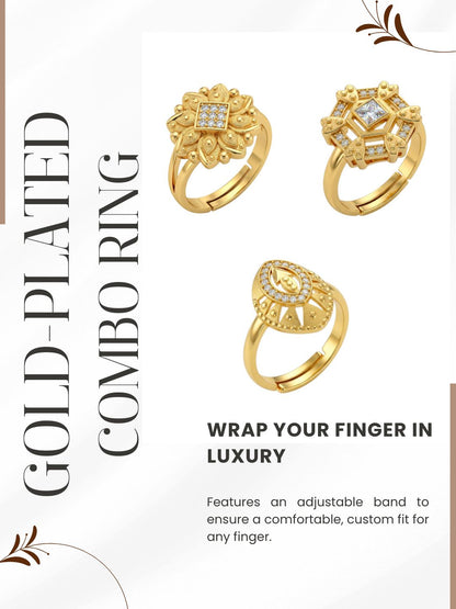 Gold Plated Adjustable Combo of 3 Rings for Women