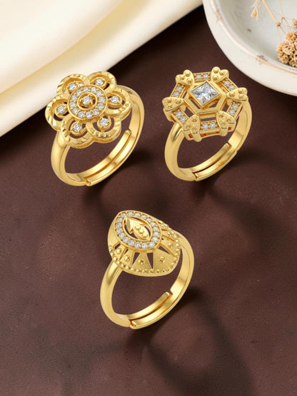 Gold Plated Adjustable Combo of 3 Rings for Women