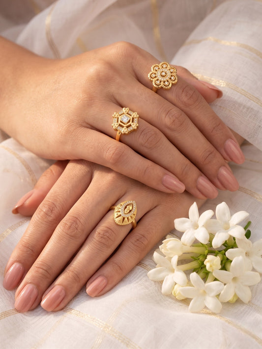 Gold Plated Adjustable Combo of 3 Rings for Women