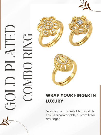 Gold Plated Adjustable Combo of 3 Rings for Women