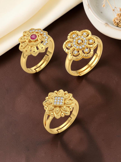 Gold Plated Adjustable Combo of 3 Rings for Women