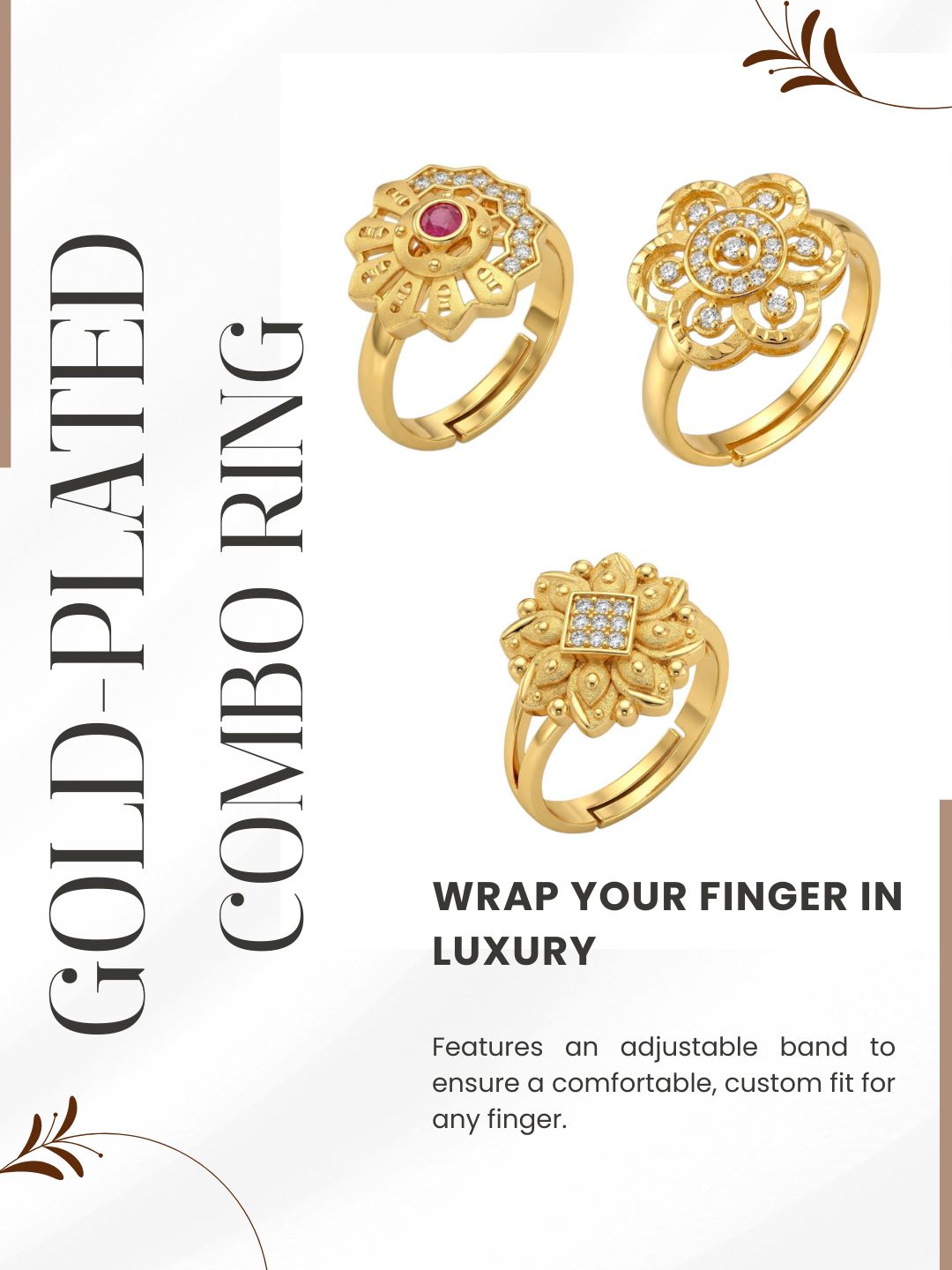 Gold Plated Adjustable Combo of 3 Rings for Women