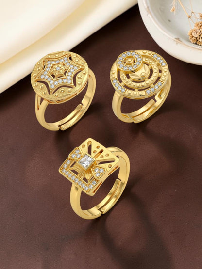 Gold Plated Adjustable Combo of 3 Rings for Women