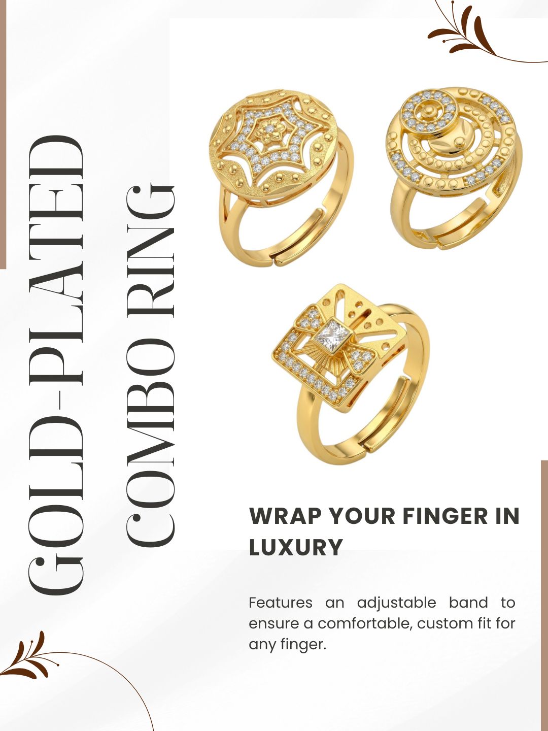 Gold Plated Adjustable Combo of 3 Rings for Women