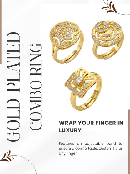 Gold Plated Adjustable Combo of 3 Rings for Women