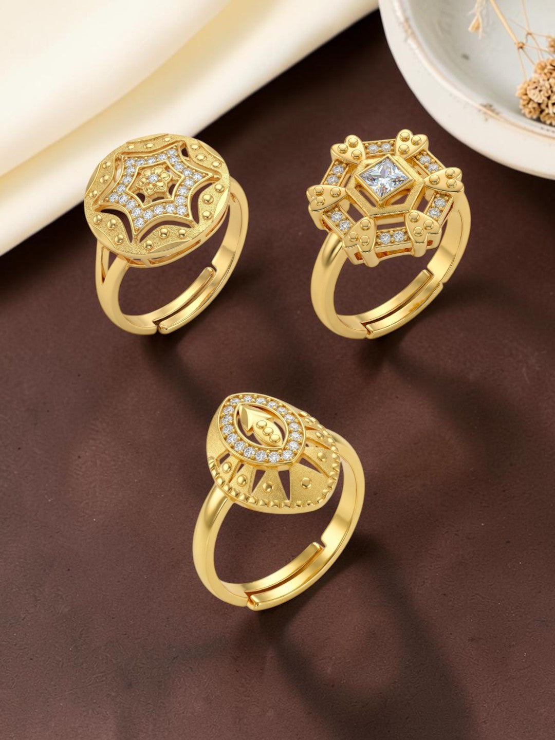 Gold Plated Adjustable Combo of 3 Rings for Women