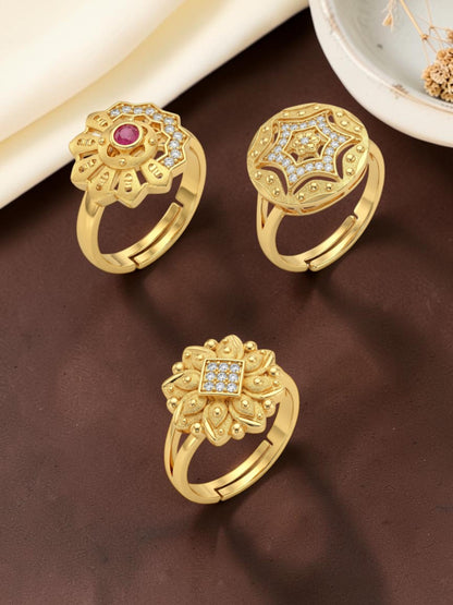 Gold Plated Adjustable Combo of 3 Rings for Women