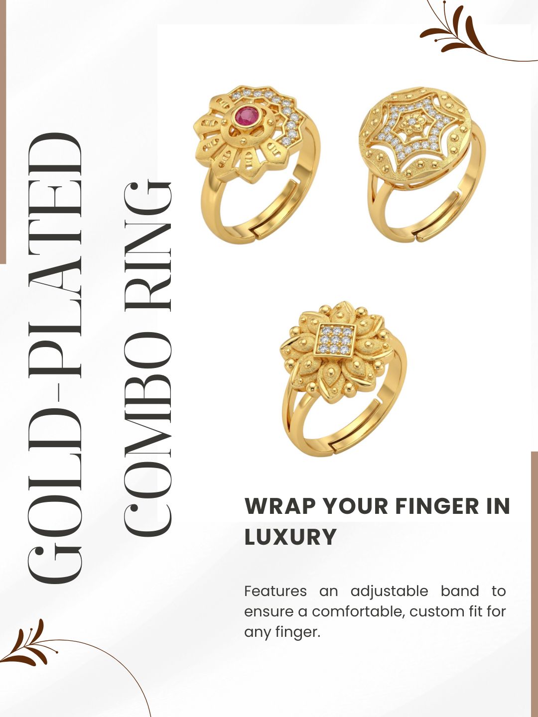 Gold Plated Adjustable Combo of 3 Rings for Women