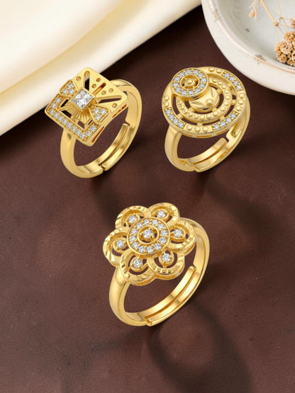 Gold Plated Adjustable Combo of 3 Rings for Women