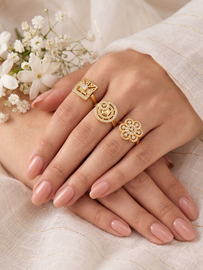 Gold Plated Adjustable Combo of 3 Rings for Women