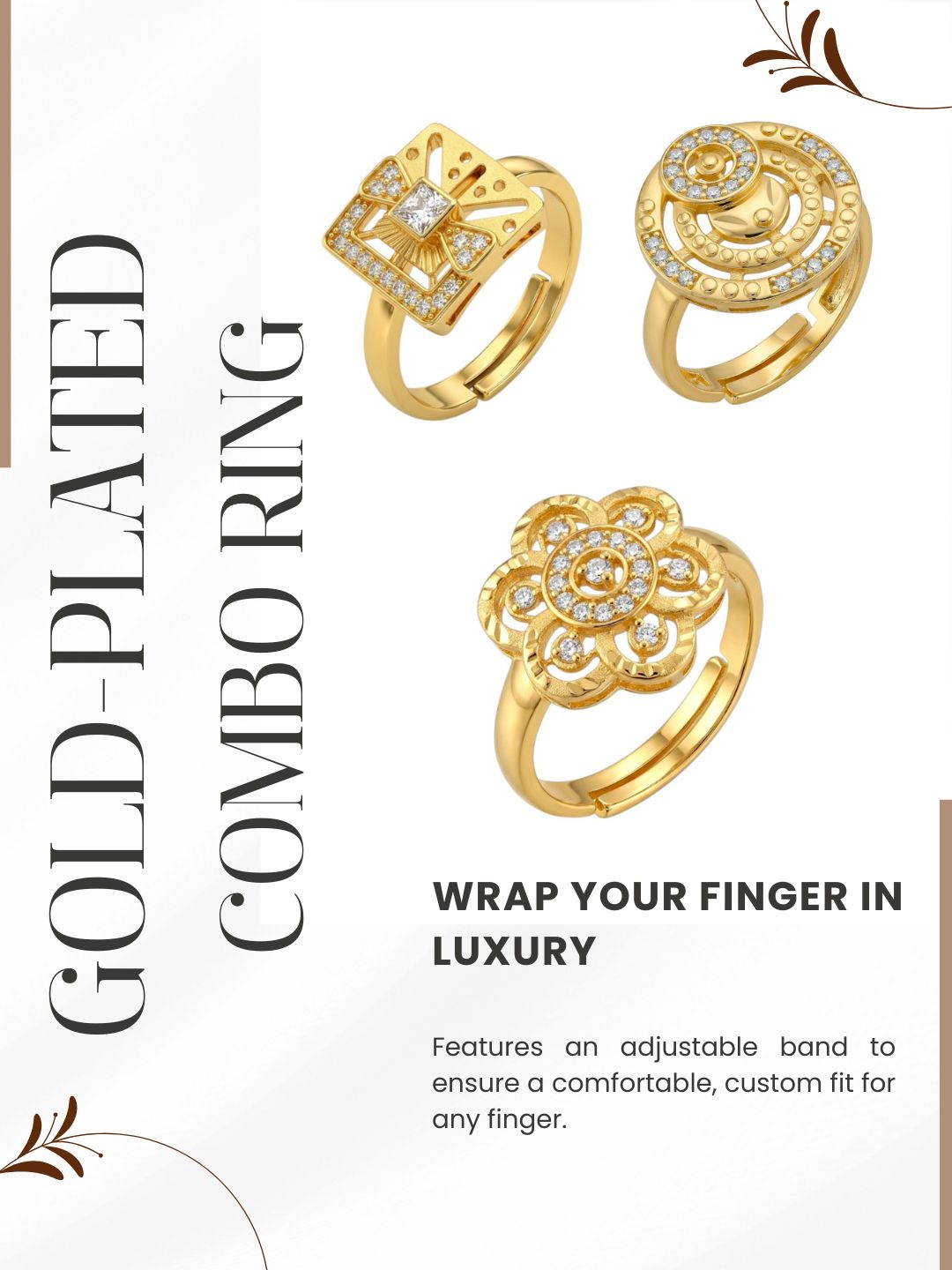 Gold Plated Adjustable Combo of 3 Rings for Women