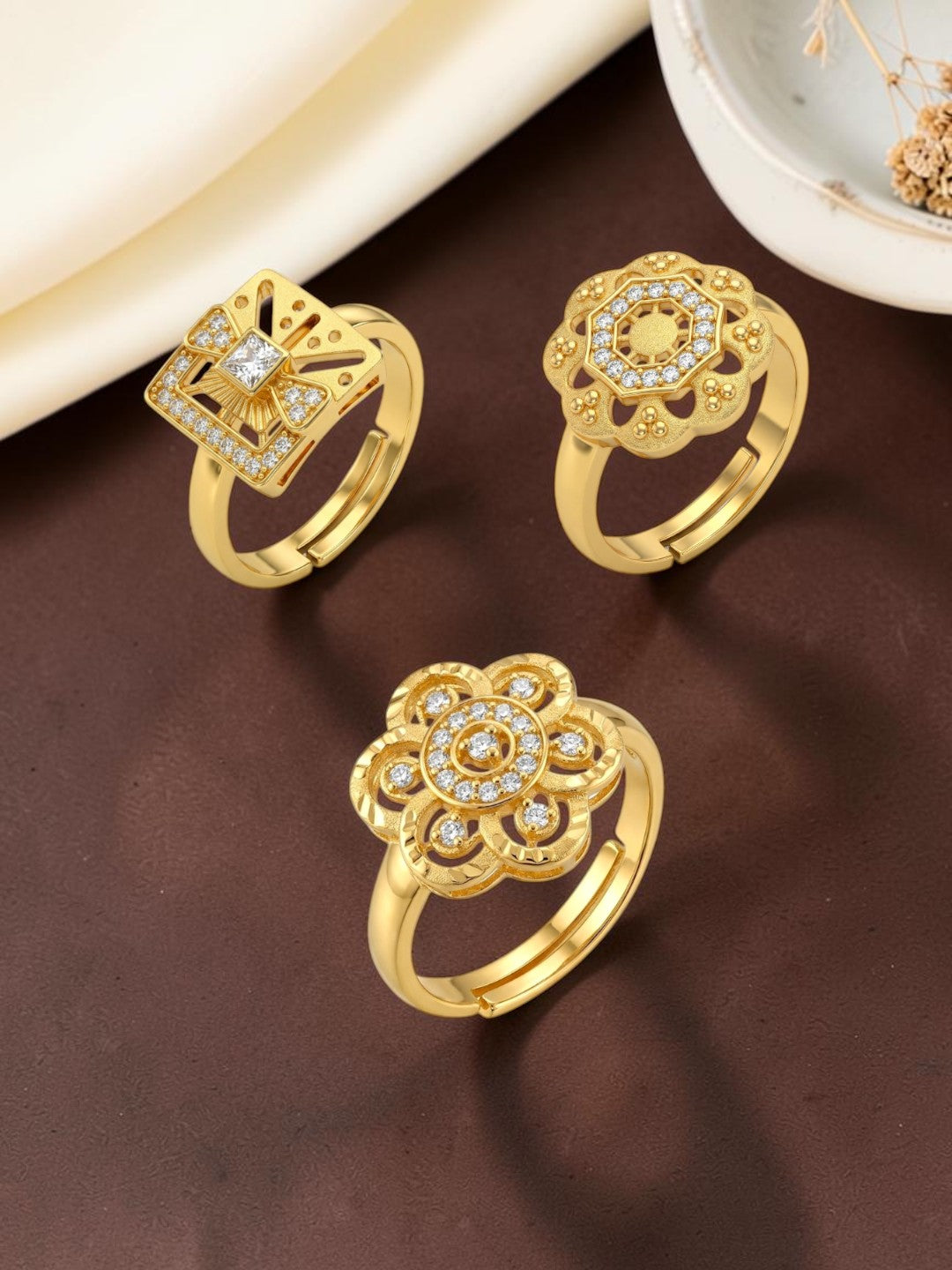 Gold Plated Adjustable Combo of 3 Rings for Women