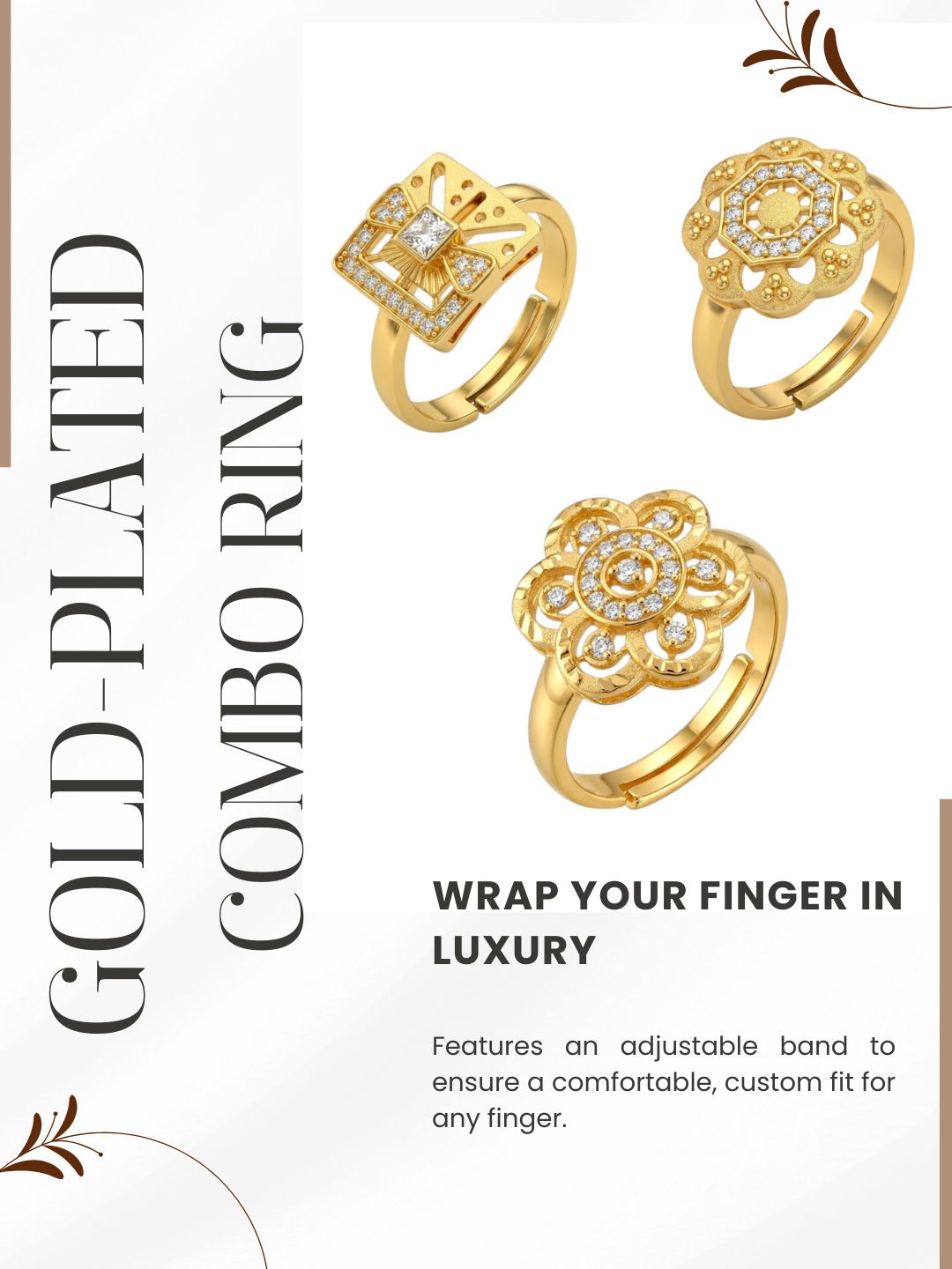 Gold Plated Adjustable Combo of 3 Rings for Women