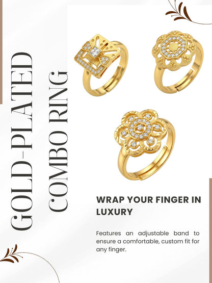 Gold Plated Adjustable Combo of 3 Rings for Women