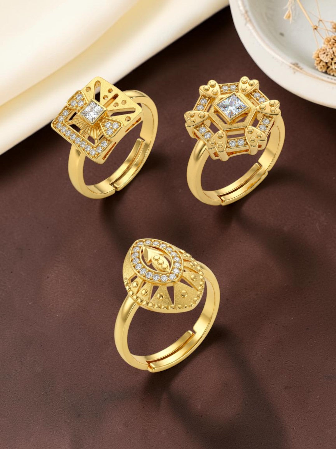 Gold Plated Adjustable Combo of 3 Rings for Women