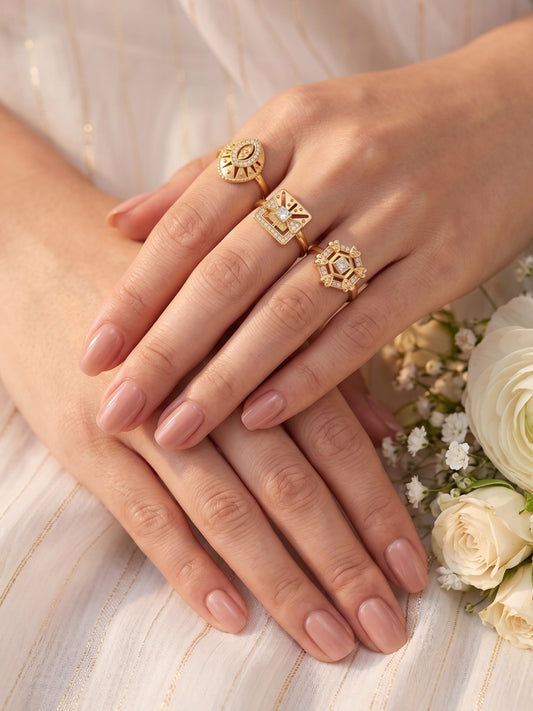 Gold Plated Adjustable Combo of 3 Rings for Women