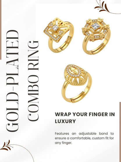 Gold Plated Adjustable Combo of 3 Rings for Women