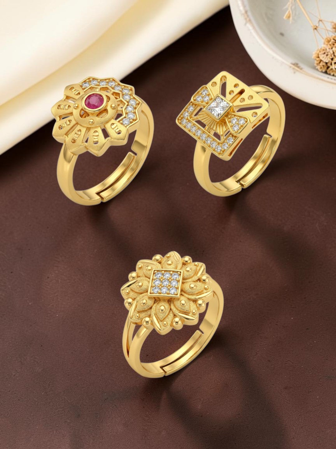 Gold Plated Adjustable Combo of 3 Rings for Women
