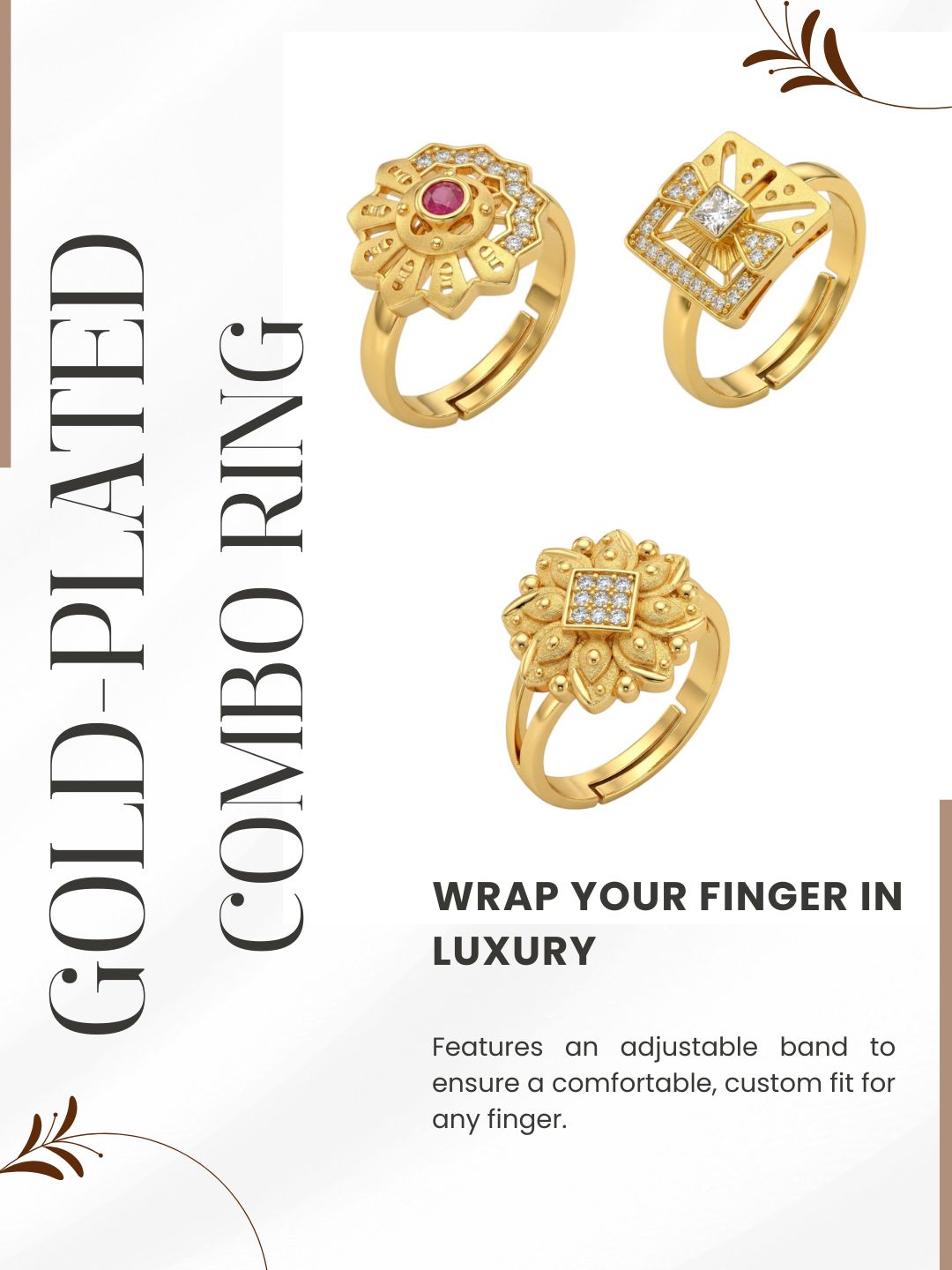 Gold Plated Adjustable Combo of 3 Rings for Women