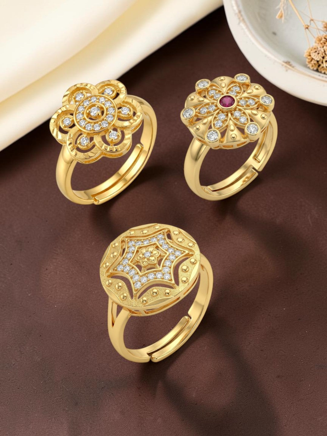 Gold Plated Adjustable Combo of 3 Rings for Women