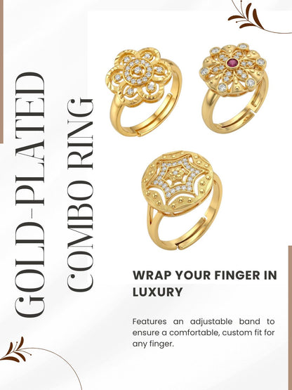 Gold Plated Adjustable Combo of 3 Rings for Women